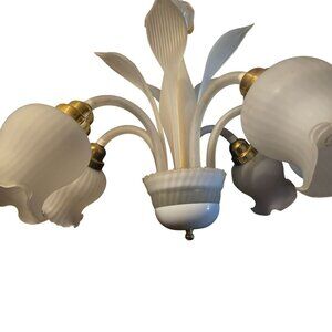 Vintage Murano??(like) White Frosted Glass 5-Arm Chandelier With Brass Accents &
